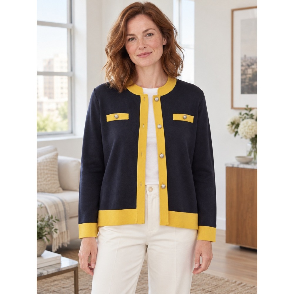Exclusively Misook Knit Cardigan Jacket XL Navy Yellow Colorblock Button Front